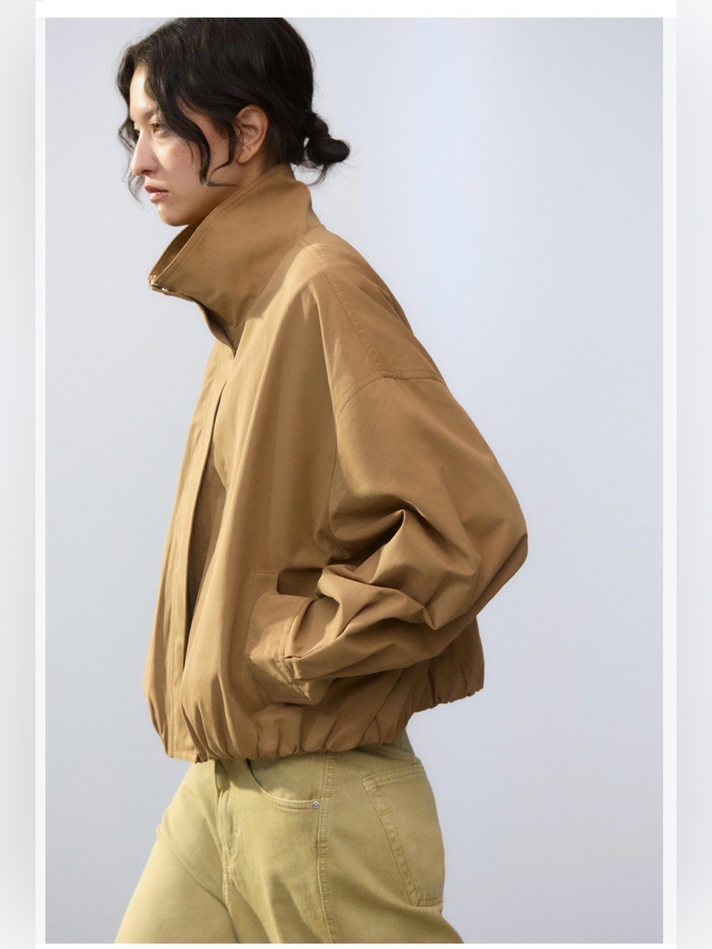 Zara Cropped Tan Bomber Jacket with High Collar